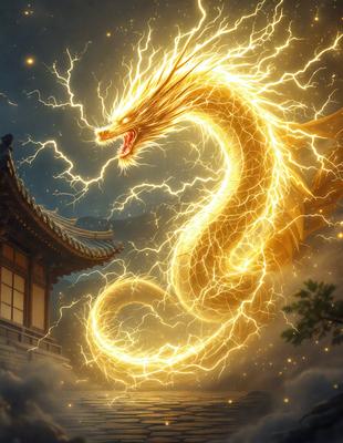 The primary subject of the image is a dragon, which is the main object, scene, or focus of the image. The dragon is surrounded by a setting that includes a building, possibly a Chinese building, and a cloudy sky. The visual style of the image is digital art, as it appears to be a digital illustration or drawing. The dominant colors in the image are yellow and orange, creating a vibrant and energetic atmosphere.